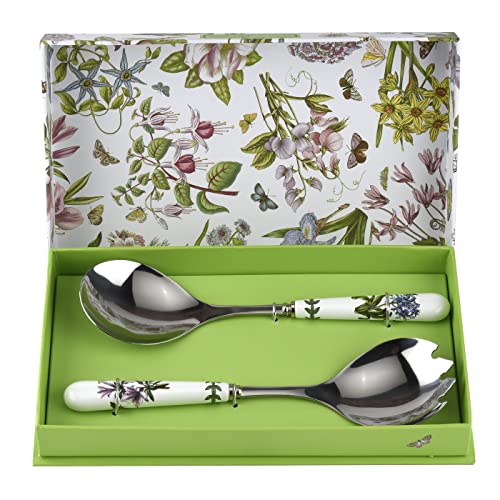 Portmeirion Botanic Garden 10' Salad Servers - Set of 2 | Azalea and African Lily Motifs | Stainless Steel and Porcelain | Chip-Resistant Glaze | Ideal for Family Gatherings and Outdoor Parties
