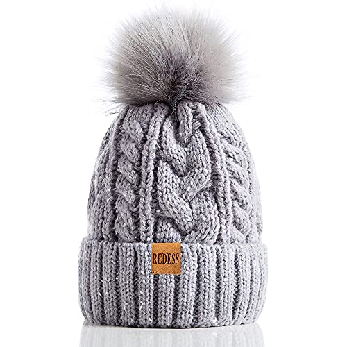 REDESS Women Winter Pompom Beanie Hat with Warm Fleece Lined, Thick Slouchy Snow Knit Skull Ski Cap