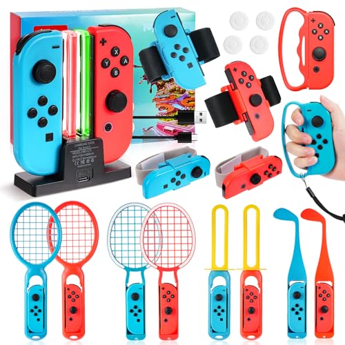 20-IN-1 Nintendo Switch Sports, Alltope Switch Sports Accessories Bundle for Nintendo Family Bundle Accessory with Tennis Racket, Fencing Grip, Golf Racket, Wrist Dance Bands Leg Strap, Charging Dock