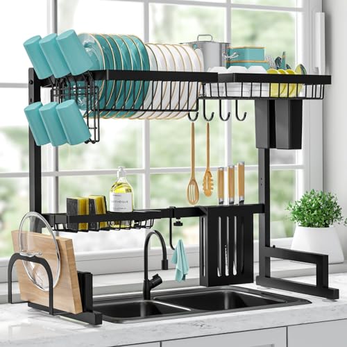 Sakugi Over The Sink Dish Drying Rack - Large Drying Rack w/Adjustable Length 23.6'-35.0', Space-Saving Dish Rack for Kitchen Counter, Multifunctional Stainless Steel 2-Tier Dish Drying Rack, Black