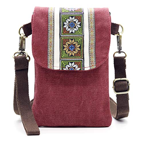Vintage Embroidered Canvas Small Flip Crossbody Bag Cell Phone Pouch for Women Wristlet Wallet Bag Coin Purse (Red wine)