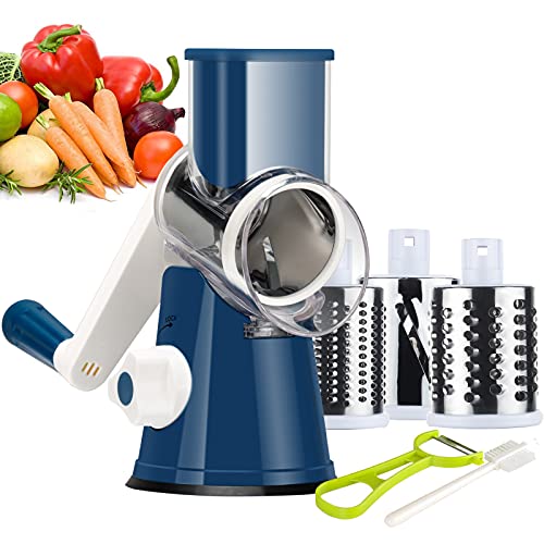 Ourokhome Rotary Cheese Grater Round Mandolin Slicer, Handheld Hashbrown Shredder with 3 Drum Blades, Kitchen Manual Speed Walnut Grinder for Potato, Carrot, Vegetables, Nuts, Zucchini (Dark Blue)
