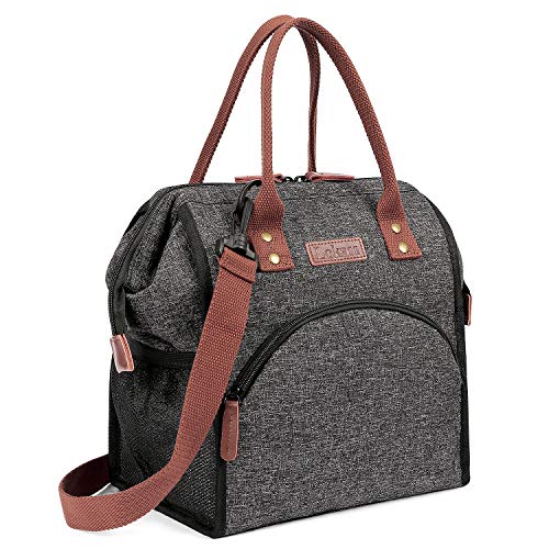 LOKASS Lunch Bag Insulated Lunch Box Wide-Open Lunch Tote Bag Large Drinks Holder Durable Nylon Snacks Organizer with Removable Shoulder Strap for Women Men Adults Work Outdoor,Black