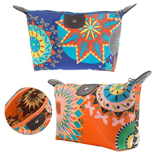 Set Kit of 2pcs Beauty Make Up Cosmetics and Toiletries Bags Cases Holders Makeup Tools Nail Care Utensils Organizers Wallets Pouches Made of Polyester In Blue and Orange Colors With Colorful Print
