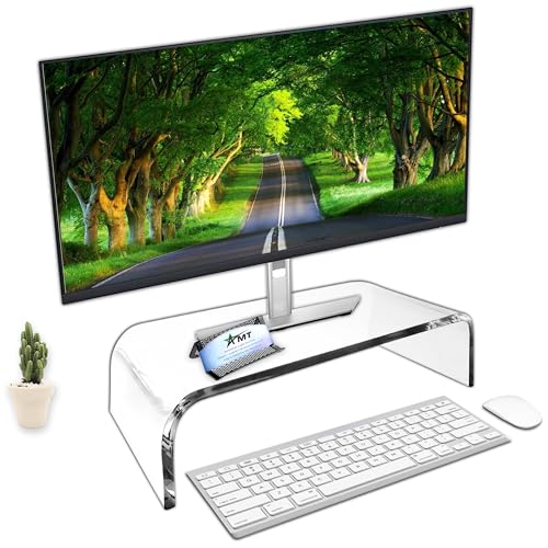 AMT 16 Inch Acrylic Laptop Monitor Stand, Computer Riser with Cat Keyboard Protector, Space-Saving Design, Extra Storage, Clear Shelf - Ideal for Monitors, Laptops, Printers, Desktop Decor