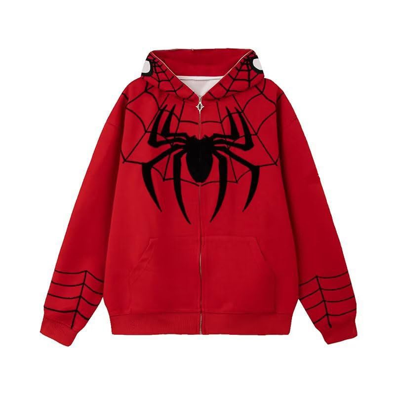 SOIIVRU Spider Hip Hop Spiderweb Full-Zip Punk Fashion Hoodie Sweatshirt Coat (Red,M,Unisex Adult,Unisex,Adult,US,Alpha,Medium,Regular,Regular)