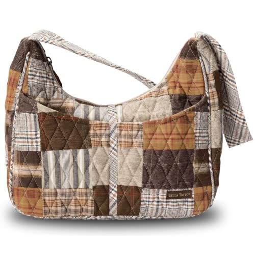 Bella Taylor Blakely Hobo Shoulder Bag for Women | Lightweight Multi Compartment Purse with Pockets | Quilted Cotton Rory Tan and Brown Patchwork
