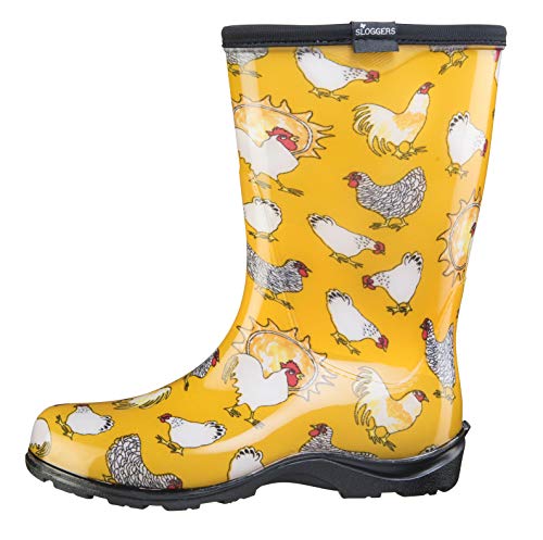 Sloggers Waterproof Garden Rain Boots for Women - Cute Mid-Calf Mud & Muck Boots with Premium Comfort Support Insole, (Chickens Daffodil Yellow), (Size 7)