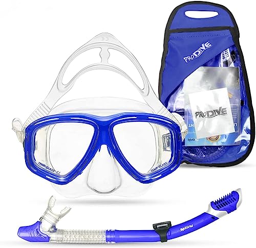 PRODIVE Premium Dry Top Snorkel Set for Adults - Tempered Glass Diving Mask, Anti-Fog Lens for Best Vision, Easy Adjustable Strap, Waterproof Snorkel Bag Included - Snorkeling Gear for Adults (Blue)