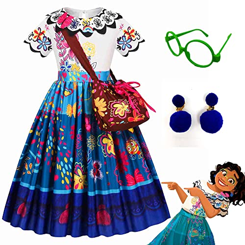 Mrocioa Mirabel Costume Dress Encanto for kid, Halloween Princess Cosplay for Child With Glasses Earrings (120cm for 4-5Years)