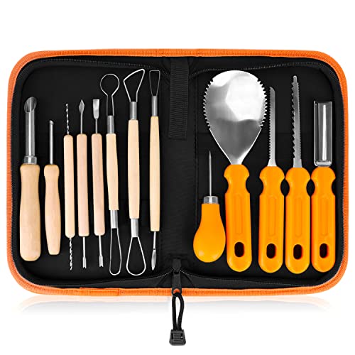 Elmchee Halloween Pumpkin Carving Tools,Jack-O-Lanterns 13 Piece Professional pumpkin cutting carving supplies tools Kit stainless steel lengthening and thickening with Handbag