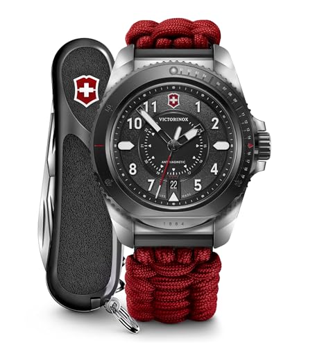 Victorinox Journey 1884 LE 43mm Mens Watch - Silver Stainless Steel Case, Black Dial, and Red Paracord Strap