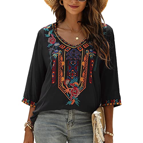 Grosy Bohemian Embroidered Tops for Women, Hippie Clothes, Mexican Peasant Blouses, Traditional Boho Clothing Tunic Shirts (2X-Large, Black-4)