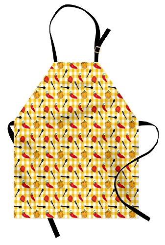 Lunarable Food Apron, Checkered Squares Pattern Chili and Bell Peppers Plastic Spatula Spoon, Unisex Kitchen Bib with Adjustable Neck for Cooking Gardening, Adult Size, Scarlet Yellow