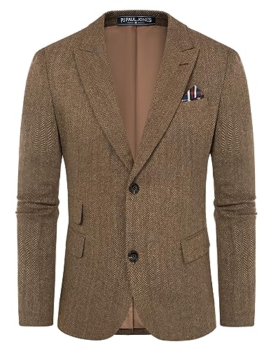 Men's Vintage Herringbone Tweed Blazer Winter Peak Lapel Wool Blend Jacket Coffee Herringbone L