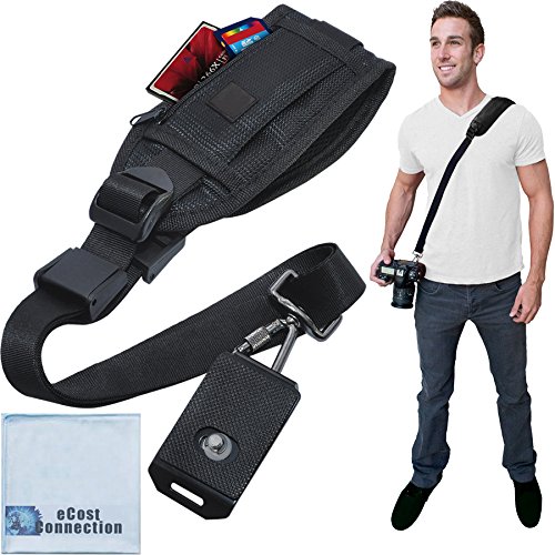 Quick Release Shoulder Strap for DSLR Cameras with Zippered Pocket and All-Metal Carabiner & Plate Mount + eCostConnection Microfiber Cloth