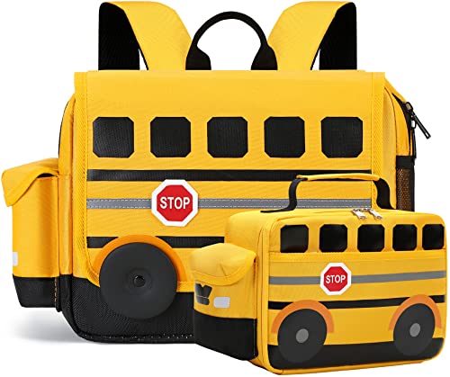 Toddler Backpack Boy Preschool School Bus Bookbag Kindergarten 3D Daycare Bags with Insulation Lunch Box (Yellow black) Medium