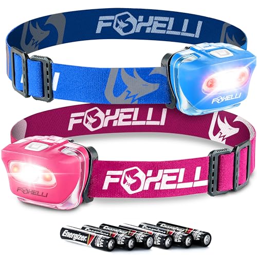 Foxelli LED Headlamp Bundle of 2 - Blue & Pink: Waterproof, White & Red Light, Comfortable Band, 3 AAA Batteries Included