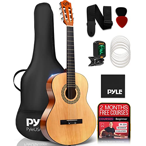 Pyle Beginner Acoustic Guitar Kit, 1/2 Junior Size All Wood Instrument for Kids, Adults, 34' Natural Gloss