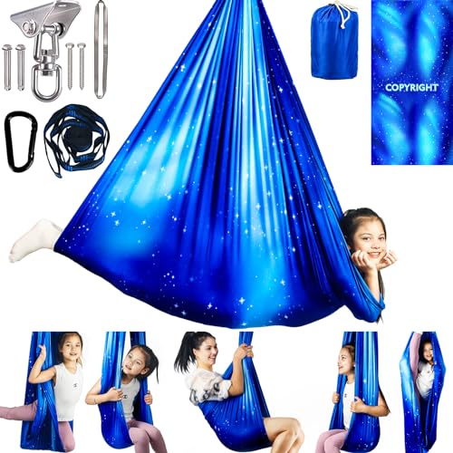 Sensory Swing for Kids & Adults Holds up to 300lbs Indoor & Outdoor Double Layer Therapy Cuddle Swing with 360° Swivel Hanger Kit for Calming, Effect for Autism, ADHD or SPD. (Star Blue)