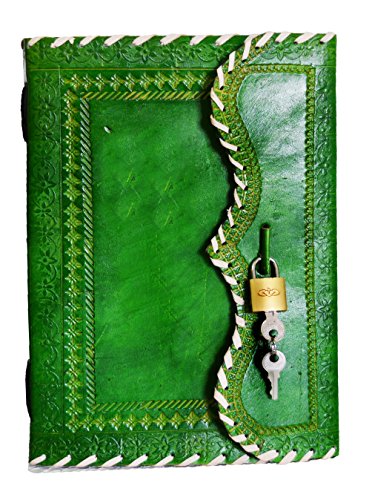 jaald 10' Leather Journal with lock Writing Pad Blank Notebook Handmade Notepad Men & Women Unlined Paper Best Present Art Sketchbook Travel Diary To Write Book Of Shadow Refillable Grimoire Green