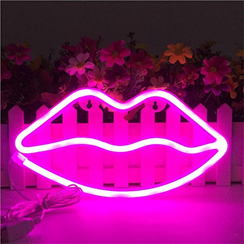 Lip Neon Signs Sexy Neon Light Pink Lips Led Neon Sign Art Neon Led Sign Wall Decor Light up Sign 3 x AA Batteries Powered Switch Neon Light for Wall Decor Ladies Room Wedding Party Decoration (Pink)