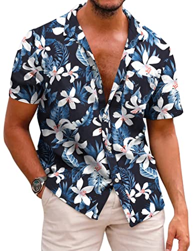 COOFANDY Mens Tropical Shirts Short Sleeve Hawaiian Print Shirts Vacation Beachwear A-Black