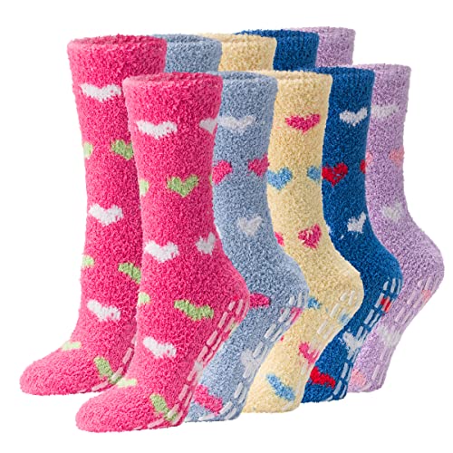DEBRA WEITZNER Womens Bright Fuzzy Socks Non-skid Grip Ultra Soft 6 pairs, Hearts a With Grip, Women's 9-11
