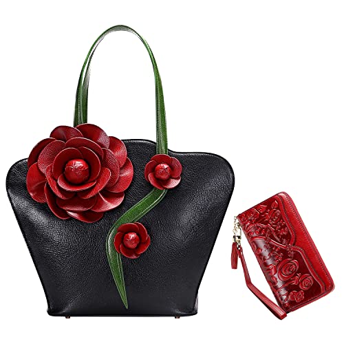 PIJUSHI Designer Floral Leather Tote Purses Shoulder Bag for Women Top Handle Satchel Handbag Bundle with Women Wallet Wristlet Ladies Clutch Purses