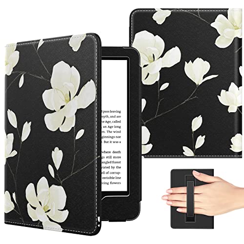 MoKo Case Fits All-New 6' Kindle (11th Generation, 2022 Release)/Kindle (10th Generation, 2019)/Kindle (8th Gen,2016),Ultra Lightweight PU Shell Cover with Auto Wake/Sleep - Black & White Magnolia