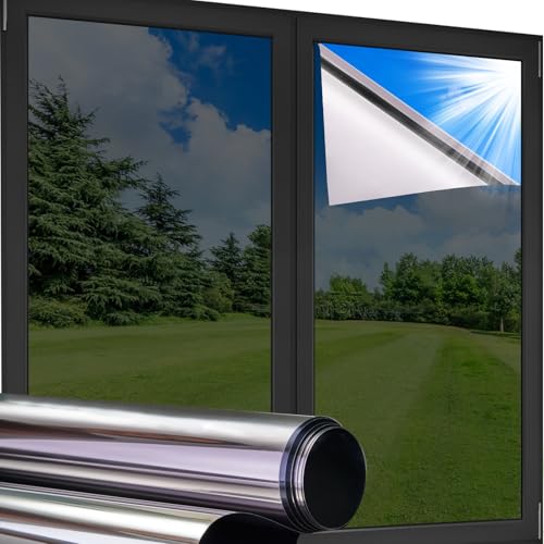 Coavas Window Film Heat Blocking Privacy One Way Home Window Tint See Out Not in Reflective Sun Mirror UV Blocker Non Adhesive Vinly Glass Sticker House Windows Cling, Black-Silver 17.5x78.7 in