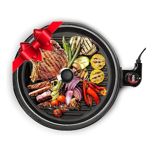 Elite Gourmet EMG6505G Smokeless Indoor Electric BBQ Grill with Glass Lid, Dishwasher Safe, Nonstick, Adjustable Temperature, Fast Heat Up, Low-Fat Meals Easy to Clean Design
