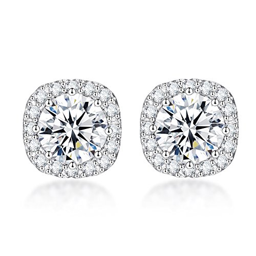 SENCLE S925 Sterling Silver with 18K White Gold Plated Square Cubic Zirconia Halo Stud Earrings for Women
