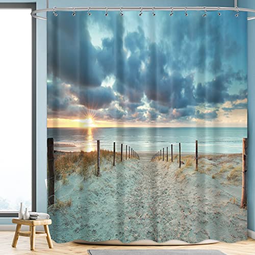 Riyidecor Extra Long Ocean Beach Shower Curtain 72W x 84H Sunset Scenic Blue Sky Seaside Landscape Sand Decor Fabric Bathroom Clawfoot Tub 12 Pack Plastic Shower Hooks