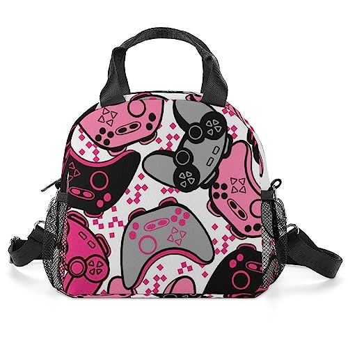 Pink Joysticks Gray Gamepad Lunch Bag Women Colorful Video Game Controller Insulated Lunch Box for Men Cooler Bag With Shoulder Strap Reusable Lunch Tote Bag Lunchbox for Work Picnic Office Travel
