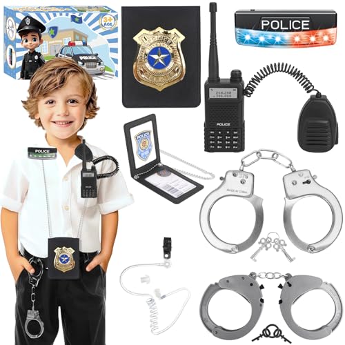 IVENRXIU Police Toys, Police Accessories Role Play Set with Handcuffs, Handcuff Keys, Warning Light, Walkie-Talkie, Headphones, Police Card, Birthday Halloween for Kids Boys Girls