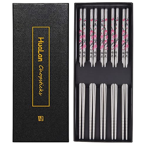 HuaLan Stainless Steel Chopsticks, Metal Alloy Chopstick, Reusable Non-slip Design Chop Sticks, 5 Pairs Gift Set,Plum Pattern Design