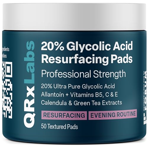 QRxLabs Glycolic Acid 20% Resurfacing Pads for Face & Body with Vitamins B5, C & E, Green Tea, Calendula, Allantoin - Exfoliates Surface Skin and Reduces Fine Lines and Wrinkles - Peel Pads