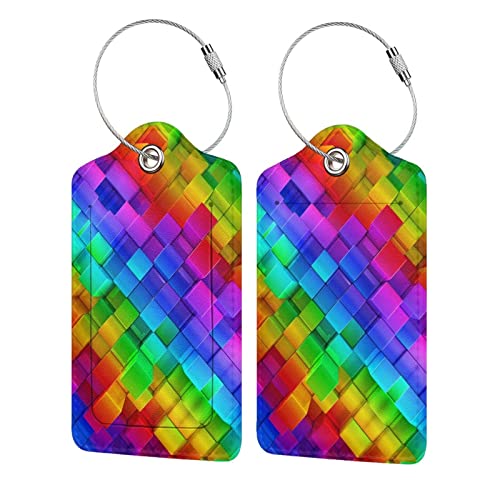 2 Pcs Colorful Geometric Luggage Tags for Suitcases, Bright Rainbow Leather Baggage Tags for Luggage with Privacy Name Address Identifiers Labels & Durable Steel Loop for Women Men Travel