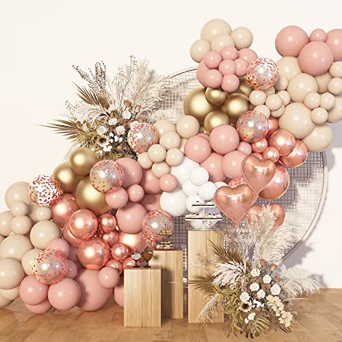 Amandir 153Pcs Boho Blush Balloon Garland Arch Kit, Double-Stuffed Nude Cream Peach Dusty Rose Pink Gold Confetti Metallic Balloons for Bridal Baby Shower Birthday Party Wedding Decorations Supplies