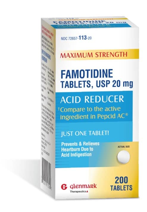 Glenmark Maximum Strength Famotidine Tablets 20 mg, Acid Reducer for Heartburn Relief, 200 Count