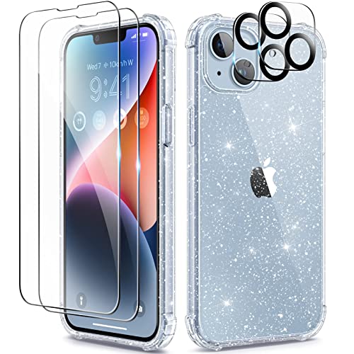 BERFY for iPhone 14 Case, with 2X Screen Protector + 2X Camera Lens Protector, [Not Yellowing] Sparkly Crystal Shockproof Hard Back Slim Protective Phone Cover for Women, 6.1' (Glitter Clear)