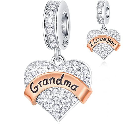 Grandma Charms Dangle fits Pandora DIY Bracelet, I Love You Grandmother Charms with CZ Grandmom Heart Pendant in 925 Sterling Silver, Gifts for Nonna/Abuela/Babcia/Grandmama