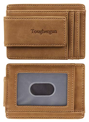 Toughergun Genuine Leather Magnetic Front Pocket Money Clip Wallet RFID Blocking(Khaki)