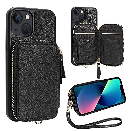 ZVE iPhone 13 Wallet Case with Wristlet, Zipper Leather Case with RFID Blocking Card Holder Slots Purse, Protective Carrying Cover for iPhone 13 6.1' (2021) - Black