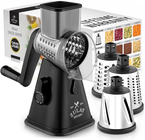 Rotary Cheese Grater with Upgraded, Reinforced Suction - Round Cheese Shredder Grater with 3 Replaceable Stainless Steel Drum Blades - Easy To Use & Clean - Vegetable Slicer & Nut Grinder (Black)