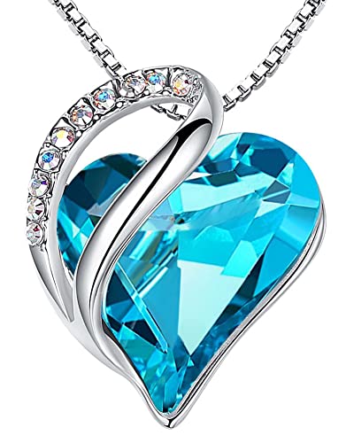 Leafael Womens Brass Necklaces, Infinity Love Heart Pendant Birthstone Crystal Jewelry Gifts for Wife, Silver Plated 18 + 2 inch Chain, 12a-December-Aquamarine Blue