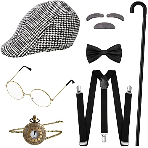 1920s Gangster Man Costume Grandpa Accessories Set (Black-White Color)