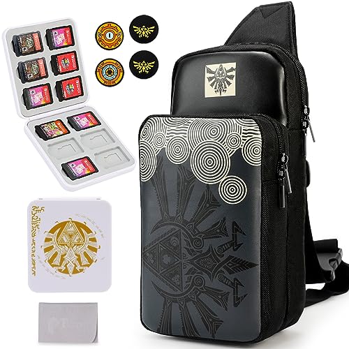 Owngen Travel Bag for Nintendo Switch/Lite/OLED, for Zelda Tears of the Kingdom Portable Sling Shoulder Crossbody Carrying Storage Accessories Backpack with Cute Game Card Case, 4 Thumb Grip Caps
