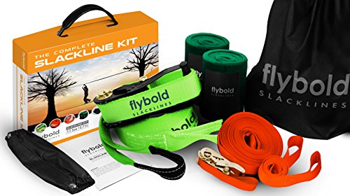 flybold Backyard Slackline Kit - 57 ft Balance Rope and Training Line with Tree Protectors, Arm Trainer, Ratchet Cover and Carry Bag - For Kids and Adults
